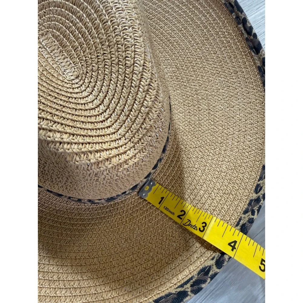 Cruise Club Tan Straw Sun Hat Leopard Print Trim Wide Brim Beach Fedora Womens